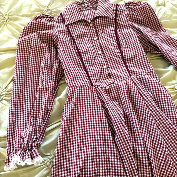 Vintage puff sleeve plaid pearl snap ruffle Christmas Holiday Homestead dress - Picture 1 of 3